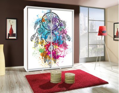 Szafa przesuwna do przedpokoju, sypialni, salonu PAOLA 155cm z długim drążkiem i półkami dwudrzwiowa z grafiką Łapacz snów 2