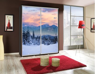 Szafa przesuwna do przedpokoju, sypialni, salonu PAOLA 155cm z długim drążkiem i półkami dwudrzwiowa z grafiką zima 3 góry