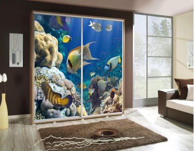 Szafy przesuwne do sypialni, młodzieżowe, oryginalne. Szafa z nadrukiem, grafiką - AKWARIUM 2 -ryby, woda