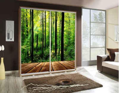 Szafy przesuwne do sypialni, młodzieżowe, oryginalne. Szafa z nadrukiem, grafiką - las, drzewa, natura