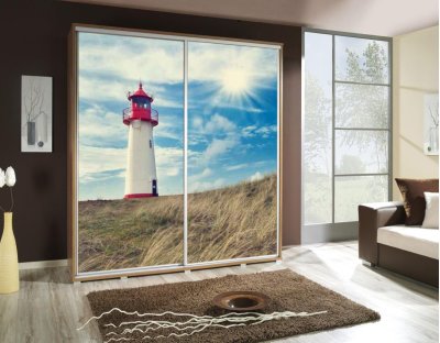 Szafy przesuwne do sypialni, młodzieżowe, oryginalne. Szafa z nadrukiem, grafiką - latarnia, widok, morze