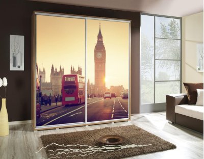 Szafy przesuwne do sypialni, młodzieżowe, oryginalne. Szafa z nadrukiem, grafiką - Londyn 1 - big ben, miasto, autobus