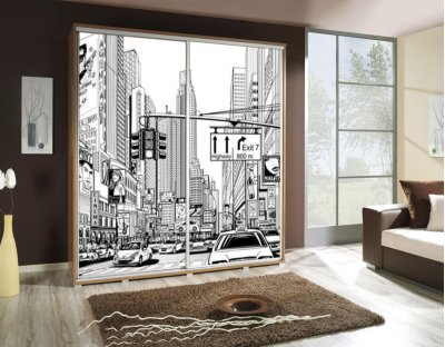 Szafy przesuwne do sypialni, młodzieżowe, oryginalne. Szafa z nadrukiem, grafiką - MIASTO - rysunek