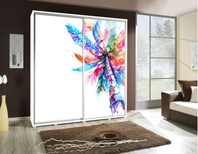 Szafa przesuwna do przedpokoju, sypialni, salonu PAOLA 205cm z długim drążkiem i półkami dwudrzwiowa z grafiką kolorowa palma