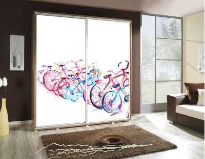 Szafy przesuwne do sypialni, młodzieżowe, oryginalne. Szafa z nadrukiem, grafiką - ROWERY - artystyczny nadruk rowerów