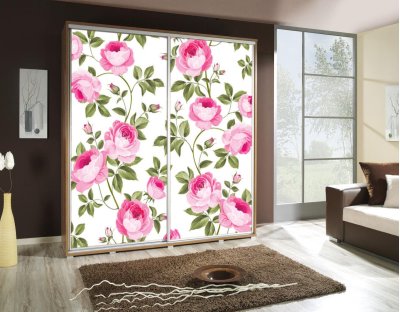 Szafa przesuwna do przedpokoju, sypialni, salonu PAOLA 205cm z nadrukiem, grafiką RÓŻE 1 - różowe kwiaty w stylu glamour
