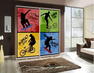 Szafy przesuwne do sypialni, młodzieżowe, oryginalne. Szafa z nadrukiem, grafiką - SKATE - deskorolka, rower
