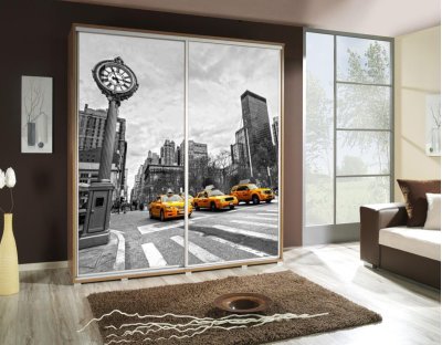 Szafy przesuwne do sypialni, młodzieżowe, oryginalne. Szafa z nadrukiem, grafiką - TAXI - żółte taksówki, miasto