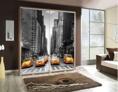 Szafy przesuwne do sypialni, młodzieżowe, oryginalne. Szafa z nadrukiem, grafiką - TAXI 2 - żółte taksówki, miasto