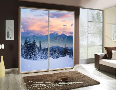 Szafy przesuwne do sypialni, młodzieżowe, oryginalne. Szafa z nadrukiem, grafiką - ZIMA - krajobraz góry śnieg