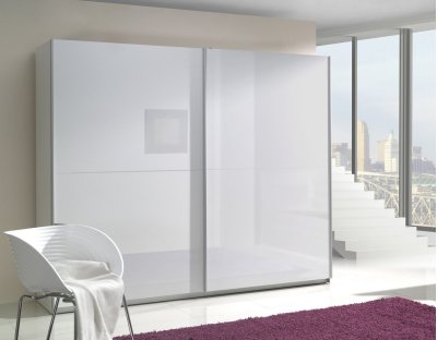 Nowoczesne szafy przesuwne - LORENZO 244cm z białym lacobel. Pojemna i praktyczna szafa przesuwna z białym frontem