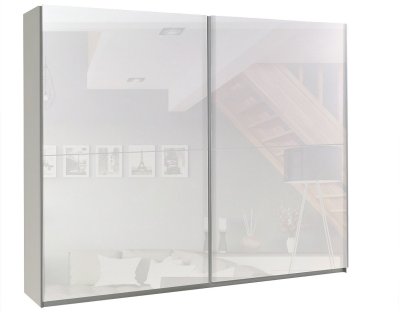 Nowoczesne szafy przesuwne - LORENZO 244cm z białym lacobel. Pojemna i praktyczna szafa przesuwna z białym frontem