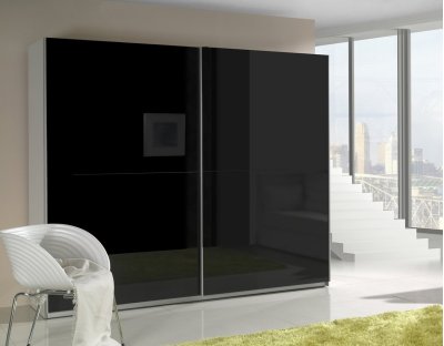 Nowoczesne szafy przesuwne - LORENZO 244cm z czarnym lacobel. Pojemna i praktyczna szafa przesuwna z czarnym frontem