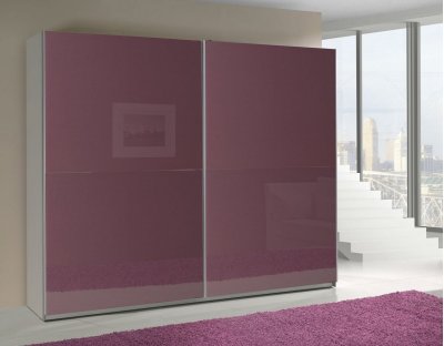 Nowoczesne szafy przesuwne - LORENZO 244cm z fioletowym lacobel. Pojemna i praktyczna szafa przesuwna z fioletowym frontem