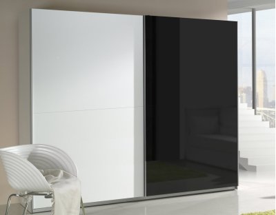 Nowoczesne szafy przesuwne - LORENZO 244cm z fioletowym lacobel. Pojemna i praktyczna szafa przesuwna z czarnym i białym frontem