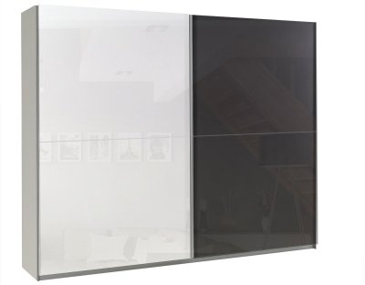 Nowoczesne szafy przesuwne - LORENZO 244cm z fioletowym lacobel. Pojemna i praktyczna szafa przesuwna z czarnym i białym frontem