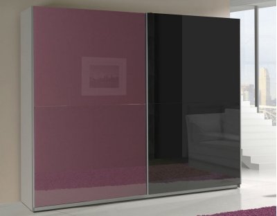 Nowoczesne szafy przesuwne - LORENZO 244cm z fioletowym lacobel. Pojemna szafa przesuwna z czarnym i fioletowym frontem