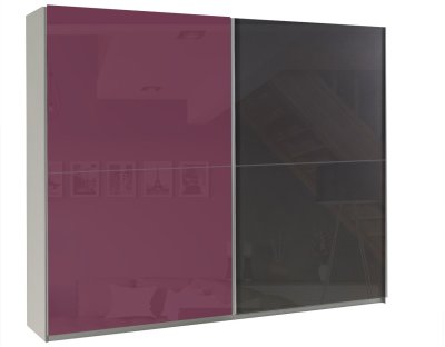 Nowoczesne szafy przesuwne - LORENZO 244cm z fioletowym lacobel. Pojemna szafa przesuwna z czarnym i fioletowym frontem