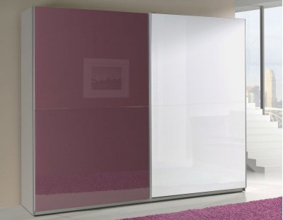 Nowoczesne szafy przesuwne - LORENZO 244cm z fioletowym lacobel. Pojemna szafa przesuwna z białym i fioletowym frontem