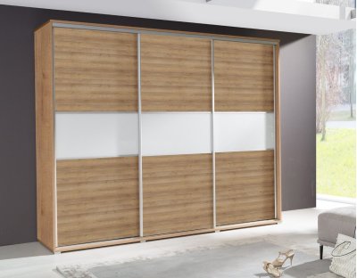 Duża, pojemna szafa przesuwna FELICITA 277cm z białą szybą lacobel, z szufladami dąb riviera