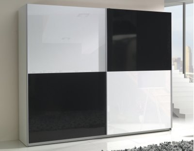 Nowoczesne szafy przesuwne - LORENZO 244cm z czarno-biały lacobel. Pojemna szafa przesuwna z białym i fioletowym frontem