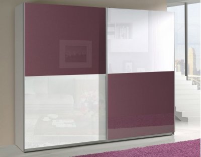 Nowoczesne szafy przesuwne - LORENZO 244cm z fioletowym lacobel. Pojemna szafa przesuwna z białym i fioletowym frontem