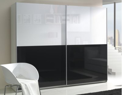 Nowoczesne szafy przesuwne - LORENZO 244cm z fioletowym lacobel. Pojemna i praktyczna szafa przesuwna z czarnym i białym frontem