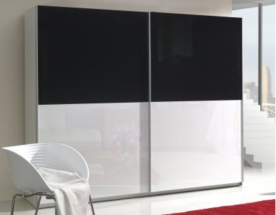 Nowoczesne szafy przesuwne - LORENZO 244cm z fioletowym lacobel. Pojemna i praktyczna szafa przesuwna z czarnym i białym frontem