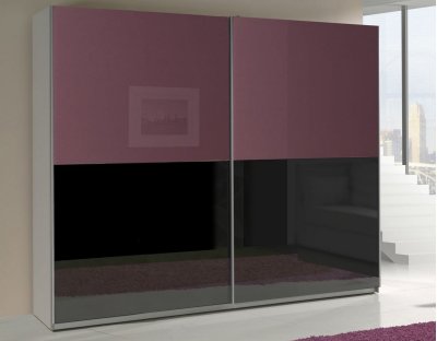 Nowoczesne szafy przesuwne - LORENZO 244cm z lacobel. Pojemna i praktyczna szafa przesuwna z czarnym i fioletowym frontem