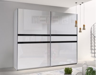 Nowoczesne szafy przesuwne - LORENZO 244cm z lacobel. Pojemna i praktyczna szafa przesuwna biały połysk z czarnymi paskami.