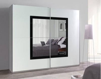 Nowoczesne szafy przesuwne - LORENZO 31 244cm. Pojemna i praktyczna szafa przesuwna biała z czarnym lacobel i lustrem