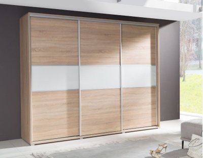 Duża, pojemna szafa przesuwna FELICITA 277cm z białą szybą lacobel, z szufladami dąb sonoma