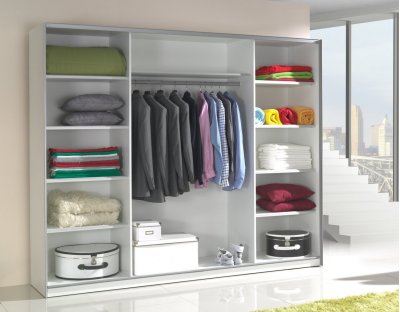 Nowoczesne szafy przesuwne - LORENZO 244cm z szybą lacobel. Pojemna i praktyczna szafa przesuwna z drążkiem - wnętrze