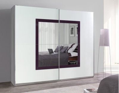 Nowoczesne szafy przesuwne - LORENZO 32 244cm. Pojemna i praktyczna szafa przesuwna biała z fioletowym lacobel i lustrem