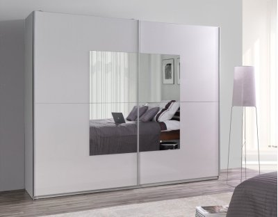 Nowoczesne szafy przesuwne - LORENZO 30 244cm. Pojemna i praktyczna szafa przesuwna biała z eleganckim lustrem