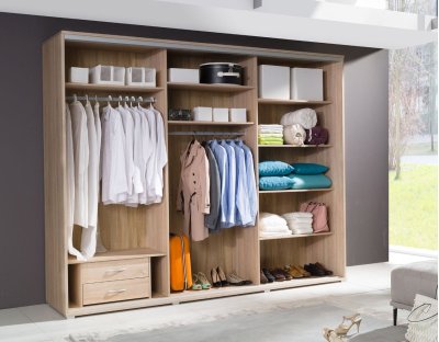 Duża, pojemna szafa przesuwna FELICITA 277cm z białą szybą lacobel, z szufladami dąb sonoma, riviera, cantania, wnętrze