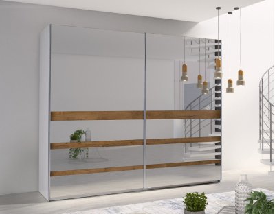 Nowoczesne szafy przesuwne - LORENZO 23 244cm. Pojemna i praktyczna szafa przesuwna lustrzana z paskiem dąb burgundzki