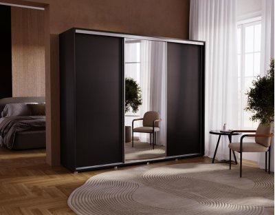 Szafa przesuwna trzydrzwiowa z lustrem, szafa do sypialni 255 cm duża pojemna z drążkiem i półkami antracyt