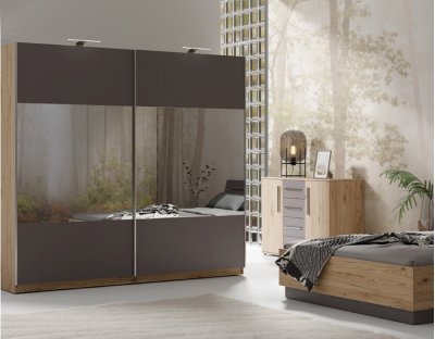 Nowoczesna szafa przesuwna DARIO 225cm dwudrzwiowa z lustrem, szara, popiel, 2 drążki