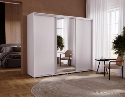 Szafa przesuwna trzydrzwiowa z lustrem, szafa do sypialni 255 cm duża pojemna z drążkiem i półkami biała