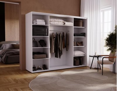 Szafa przesuwna trzydrzwiowa z lustrem, szafa do sypialni 255 cm duża pojemna z drążkiem i półkami biała