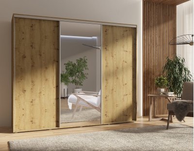 Szafa przesuwna trzydrzwiowa z lustrem, szafa do sypialni 255 cm duża pojemna z drążkiem i półkami dąb artisan