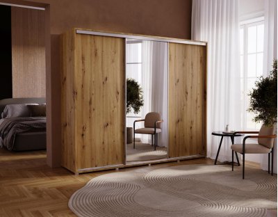 Szafa przesuwna trzydrzwiowa z lustrem, szafa do sypialni 255 cm duża pojemna z drążkiem i półkami dąb artisan
