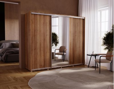 Szafa przesuwna trzydrzwiowa z lustrem, szafa do sypialni 255 cm duża pojemna z drążkiem i półkami dąb riviera