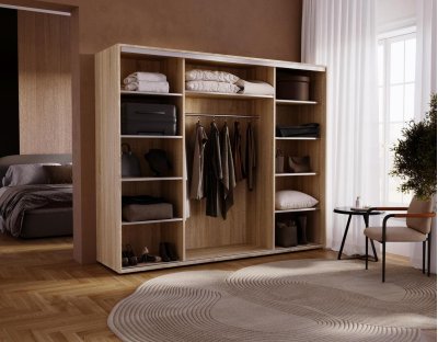 Szafa przesuwna trzydrzwiowa z lustrem, szafa do sypialni 255 cm duża pojemna z drążkiem i półkami dąb sonoma