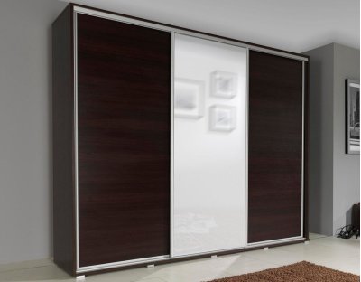 Szafa przesuwna trzydrzwiowa z lustrem, szafa do sypialni 255 cm duża pojemna z drążkiem i półkami ciemne drewno kasztan wenge