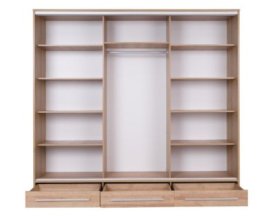 Szafa przesuwna z 3 szufladami, dużym lustrem, duża 255cm, dużo półek, drążek, HERMANO trzydrzwiowa, dąb riviera