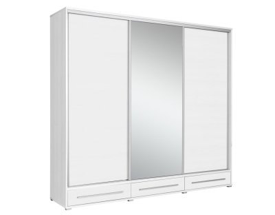 Szafa przesuwna z 3 szufladami, dużym lustrem, duża 255cm, dużo półek, drążek, HERMANO trzydrzwiowa, biała mat, biały