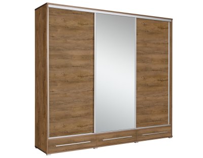 Szafa przesuwna z 3 szufladami, dużym lustrem, duża 255cm, dużo półek, drążek, HERMANO trzydrzwiowa, dąb burgundzki