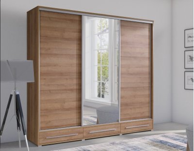 Szafa przesuwna z 3 szufladami, dużym lustrem, duża 255cm, dużo półek, drążek, HERMANO trzydrzwiowa, dąb riviera